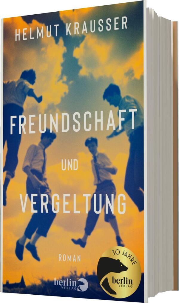 Das Buchcover zeigt eine dynamische Szene mit vier jungen Männern, die in einem sonnigen, wolkigen Himmel spielen. Die Farben sind warm und strahlen eine nostalgische Atmosphäre aus, mit einem Übergang von Gelb zu Blau. Der Titel „Freundschaft und Vergeltung“ ist in großen, weißen Buchstaben mittig platziert, während der Autor „Helmut Krausser“ oben in kleinerer Schrift steht. Am unteren Rand befindet sich ein Label mit „30 Jahre“, das das Jubiläum des Verlags kennzeichnet.