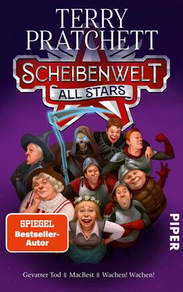 Scheibenwelt All Stars Das Buchcover zeigt eine fröhliche Versammlung von Charakteren aus Terry Pratchetts „Scheibenwelt“. Die Figuren sind humorvoll gestaltet und tragen teils mittelalterliche Kostüme. Dominierende Farben sind ein lebhaftes Lila und sanfte Rottöne. Oben steht der Titel „SCHEIBENWELT ALL STARS“ in einer kräftigen, gelben Schrift. Darunter ist der Hinweis „SPIEGEL Bestseller-Autor“ in weißem Text platziert. Am unteren Rand sind die Namen „Gevatter Tod“, „MacBest“ und „Wachen! Wachen!“ abgebildet.
