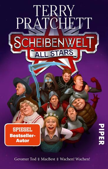 Das Buchcover zeigt eine fröhliche Versammlung von Charakteren aus Terry Pratchetts „Scheibenwelt“. Die Figuren sind humorvoll gestaltet und tragen teils mittelalterliche Kostüme. Dominierende Farben sind ein lebhaftes Lila und sanfte Rottöne. Oben steht der Titel „SCHEIBENWELT ALL STARS“ in einer kräftigen, gelben Schrift. Darunter ist der Hinweis „SPIEGEL Bestseller-Autor“ in weißem Text platziert. Am unteren Rand sind die Namen „Gevatter Tod“, „MacBest“ und „Wachen! Wachen!“ abgebildet.