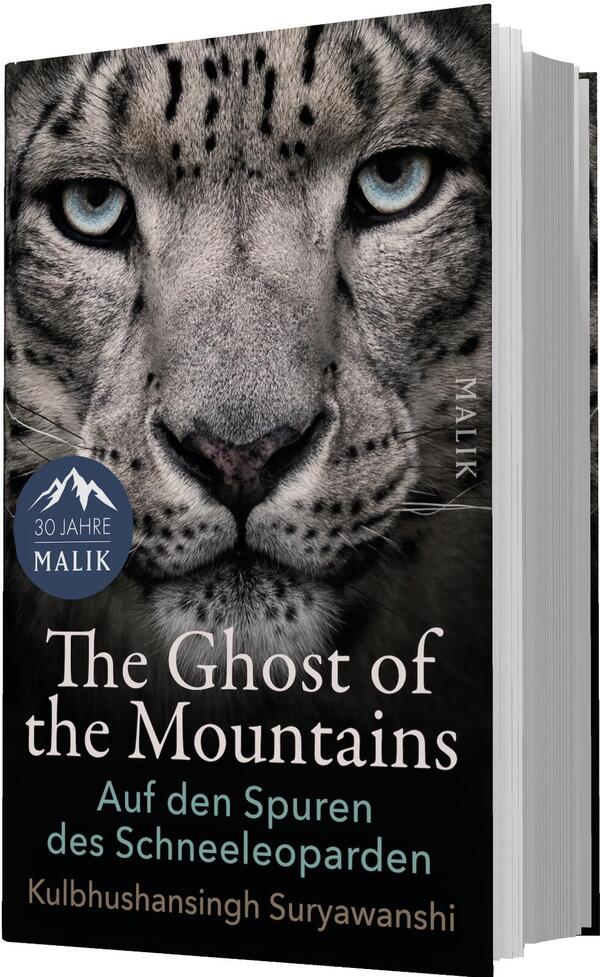 Das Buchcover zeigt ein großformatiges, frontales Porträt eines Schneeleoparden mit grauem, geflecktem Fell und auffälligen hellblauen Augen. Im unteren Drittel steht der Titel in großer weißer Serifenschrift „The Ghost of the Mountains“, darunter in kleinerer türkiser Schrift die deutsche Unterzeile „Auf den Spuren des Schneeleoparden“. Unten links in kleiner kupferfarbener Schrift steht der Autorenname Kulbhushansingh Suryawanshi. Die Bildwirkung ist eindringlich und ruhig.