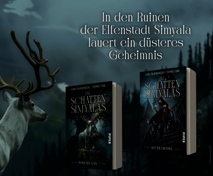 Band 1 und 2 der Reihe 'Im Schatten Simyalas' vor einem Waldhintergrund. Darüber der Schriftzug: In den Ruinen der Elfenstadt Simyala lauert ein düsteres Geheimnis. Ein Hirsch mit großen Geweihen steht links. 