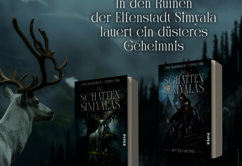 Band 1 und 2 der Reihe 'Im Schatten Simyalas' vor einem Waldhintergrund. Darüber der Schriftzug: In den Ruinen der Elfenstadt Simyala lauert ein düsteres Geheimnis. Ein Hirsch mit großen Geweihen steht links. 