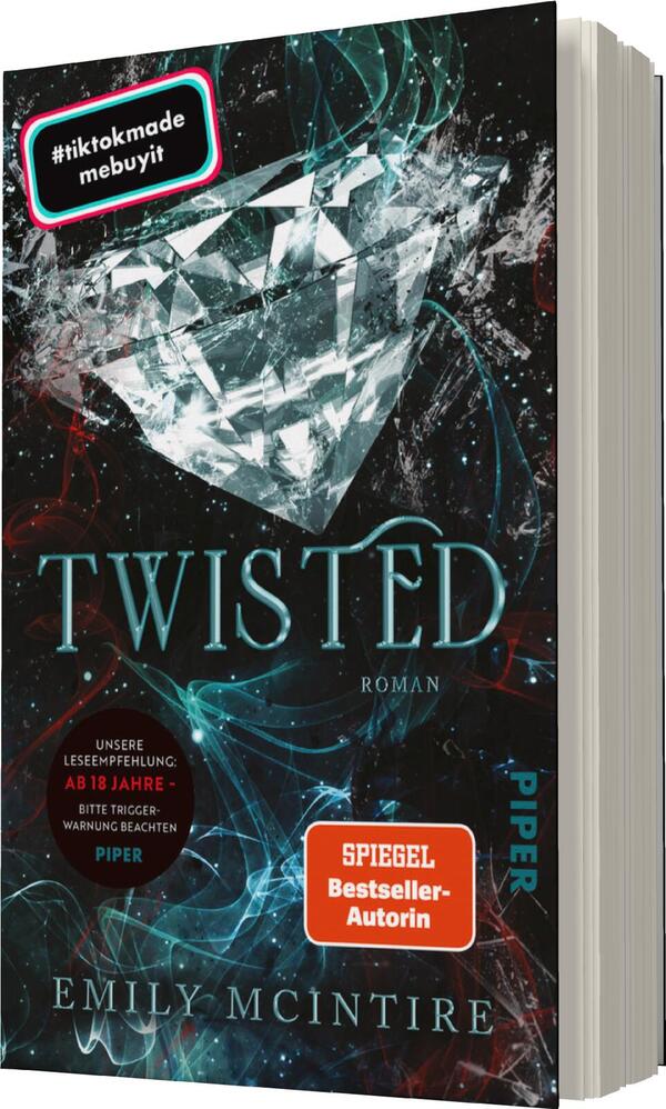 Das Buchcover zeigt einen großen, glitzernden Diamanten auf einem dunklen Hintergrund, der durch geschwungene, blaue und rote Lichteffekte akzentuiert wird. Der Titel „TWISTED“ ist in großen, eleganten Buchstaben in Metallic-Blau gestaltet, während der Untertitel „Roman“ kleiner und in Weiß darunter steht. Rechts unten befindet sich ein rotes Feld mit dem Text „SPIEGEL Bestseller-Autorin“ und ein Hinweis auf eine Altersfreigabe. Die Farben schaffen eine aufregende und mysteriöse Atmosphäre.