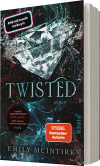 Das Buchcover zeigt einen großen, glitzernden Diamanten auf einem dunklen Hintergrund, der durch geschwungene, blaue und rote Lichteffekte akzentuiert wird. Der Titel „TWISTED“ ist in großen, eleganten Buchstaben in Metallic-Blau gestaltet, während der Untertitel „Roman“ kleiner und in Weiß darunter steht. Rechts unten befindet sich ein rotes Feld mit dem Text „SPIEGEL Bestseller-Autorin“ und ein Hinweis auf eine Altersfreigabe. Die Farben schaffen eine aufregende und mysteriöse Atmosphäre.