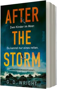 Das Buchcover zeigt einen stürmischen Meeresauschnitt bei Dämmerung mit dunklen Wolken, aufgewühlter See und schwarzen Felsen im Vordergrund. Großflächiger, orange-gelber Titel „AFTER THE STORM“ dominiert das Bild, dazu weiße Untertitelzeilen „Zwei Kinder im Meer.“ und „Du kannst nur eines retten.“. Zwei Möwen fliegen über den Wellen. Am unteren Rand steht der Autorname „G. D. Wright“ und ein Zitat von Claire Douglas.