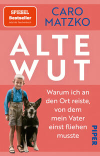 Das Buchcover zeigt ein rostrotes, zweifarbig gestaffeltes Design mit großen, weißen Blockbuchstaben „ALTE WUT“ zentral. Oben in Blau steht der Autorname „Caro Matzko“. Unten rechts weißer Fließtext: „Warum ich an den Ort reiste, von dem mein Vater einst fliehen musste“. Links unten eine kolorierte Fotomontage eines Jungen in blauer Bluse, kurzen Hosen und Sandalen neben einem schwarzen Hund. Stimmung: nachdenklich, persönlich.