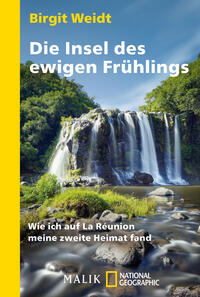 Das Buchcover zeigt einen beeindruckenden Wasserfall, der in ein üppig grünes Tal fließt. Die lebendigen Farben von Blau und Grün schaffen eine einladende Atmosphäre. Oben steht in großen, weißen Buchstaben der Titel „Die Insel des ewigen Frühlings“ von Birgit Weidt, während der Untertitel „Wie ich auf La Réunion meine zweite Heimat fand“ in kleinerer, grauer Schrift darunter erscheint. Der linke Rand ist in leuchtendem Gelb gehalten, was das Cover zusätzlich hervorhebt.