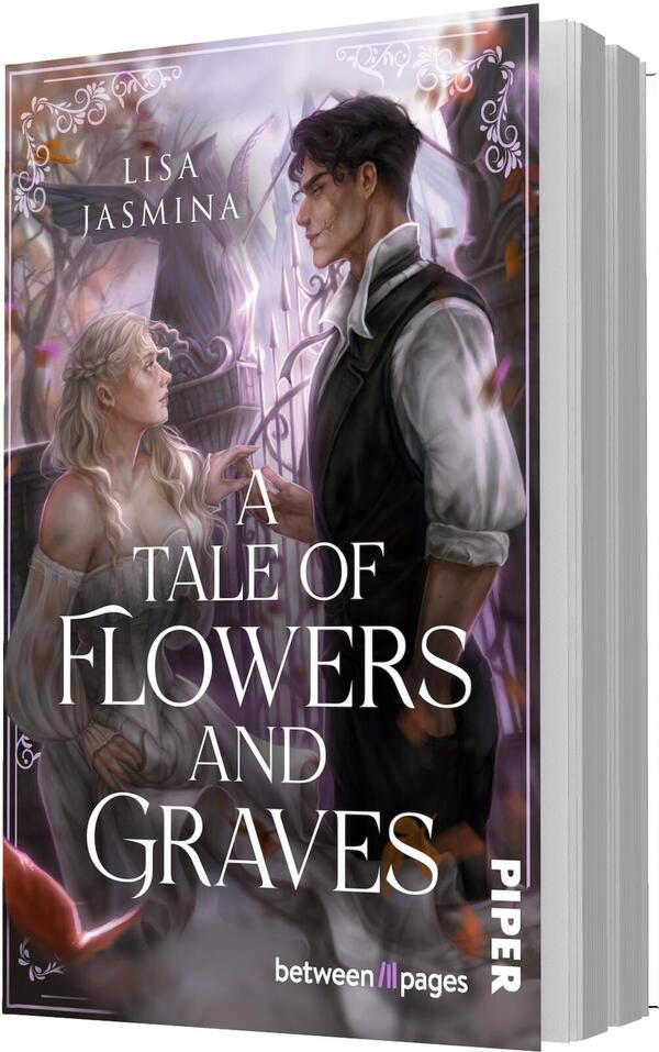 Das Buchcover zeigt zwei Figuren — eine blasse junge Frau in hellem, fließendem Kleid links und ein dunkel gekleideter Mann rechts — vor einem schmiedeeisernen Tor in nebliger, violett-rosafarbener Kulisse. Der Autorenname „Lisa Jasmina“ oben, der Titel „A Tale of Flowers and Graves“ groß in weißen Serifenlettern mittig. Ornamentale Eckverzierungen und eine leicht geheimnisvolle, melancholische Stimmung.