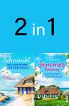 Das Buchcover zeigt zwei nebeneinander angeordnete Buchumschläge mit verschiedenen Motiven. Auf der linken Seite steht „Sehnsucht nach der kleinen Ostseeinsel“ in geschwungener, weißer Schrift über einem Bild eines reetgedeckten Häuschens am Strand. Die rechte Seite zeigt „Sommerträume auf der kleinen Ostseeinsel“ in leuchtendem Rosa, umgeben von Blumen. Der Hintergrund ist hellblau mit der prominenten Aufschrift „2 in 1“ in großer schwarzer Schrift oben. Die Atmosphäre vermittelt Urlaubsstimmung und Sehnsucht.