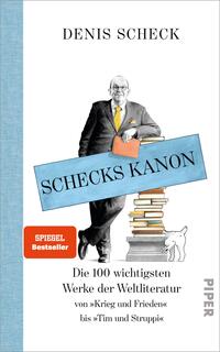 Das Buchcover zeigt einen lächelnden Mann mit Brille, der in einem Anzug mit gelber Krawatte gekleidet ist. Er steht neben einem Stapel Bücher und hält eine große, blaue Blende mit der Schrift „SCHECKSKANON“ in weißer, fetter Typografie. Im oberen Bereich steht „Denis Scheck“. Unterhalb der Blende befindet sich der Untertitel „Die 100 wichtigsten Werke der Weltliteratur von ‚Krieg und Frieden‘ bis ‚Tim und Struppi‘“. Im oberen rechten Eck ist das Label „SPIEGEL Bestseller“ abgebildet. Der Hintergrund ist in sanften Pastellfarben gehalten, was eine einladende Atmosphäre schafft.