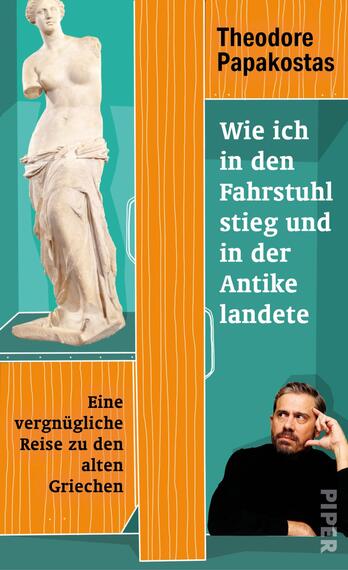 Das Buchcover zeigt eine stilisierte Darstellung mit einer weißen antiken Statue und einem Portrait eines nachdenklichen Mannes. Der Hintergrund ist in kräftigen Orange- und Grüntönen gehalten, was eine lebendige Atmosphäre erzeugt. Der Titel „Wie ich in den Fahrstuhl stieg und in der Antike landete“ steht in einer modernen Schriftart, während der Untertitel „Eine vergnügliche Reise zu den alten Griechen“ in kleinerer Schrift darunter erscheint. Der Autorname „Theodore Papakostas“ ist prominent platziert.