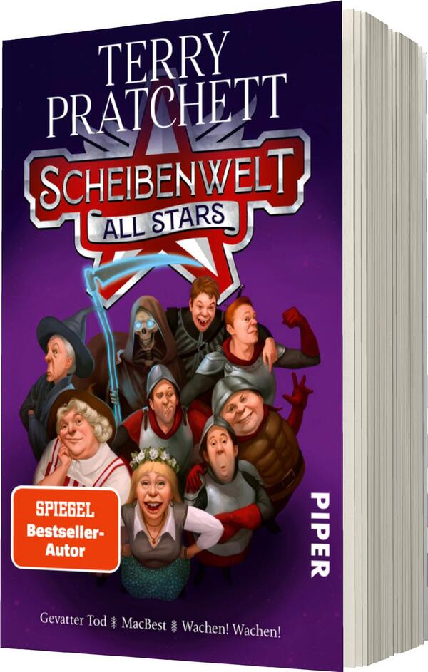 Das Buchcover zeigt eine bunte Illustration mit mehreren humorvollen Charakteren aus Terry Pratchetts „Scheibenwelt“. Die Figuren, darunter ein Zauberer und eine Königin, sind in lebhaften Farben gehalten. Der Hintergrund ist in einem kräftigen Violett gestaltet. Oben steht der Titel „SCHEIBENWELT ALL STARS“ in großen, weißen Buchstaben. Unten befindet sich ein rotes Etikett mit dem Text „SPIEGEL Bestseller-Autor“ und einem weiteren Text „PIPER“ in kleinerer Schrift. Die Atmosphäre vermittelt einen spielerischen und fantasievollen Eindruck.