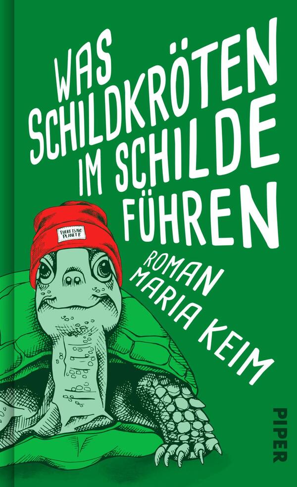 Das Buchcover zeigt einen grünen Hintergrund, auf dem eine stilisierte Schildkröte abgebildet ist. Die Schildkröte trägt eine rote Mütze, auf der der Schriftzug „THINK LOVE“ steht. Der Titel „WAS SCHILDKRÖTEN IM SCHILDE FÜHREN“ ist in großen, weißen, fettgedruckten Buchstaben angeordnet. Der Name der Autorin „MARIA KEIM“ wird ebenfalls in einer etwas kleineren Schriftgröße in Weiß angezeigt. Die Gesamtatmosphäre des Covers wirkt humorvoll und ansprechend.