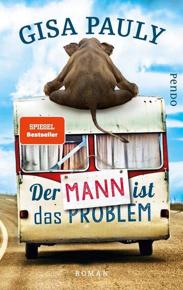 Das Buchcover zeigt einen Wohnwagen auf einer staubigen Straße unter einem klaren blauen Himmel. Auf dem Dach sitzt ein Hund, der den Betrachter anblickt. Die Farbpalette umfasst hauptsächlich sanfte Blau- und Erdtöne. Der Titel „Der MANN ist das PROBLEM“ ist in geschwungener, größerer Schrift und in Weiß mit blauen und roten Akzenten platziert. Oben links befindet sich ein rotes Kästchen mit der Aufschrift „SPIEGEL Bestseller“. Der Autorname „Gisa Pauly“ steht in ansprechender, heller Schrift oben auf dem Cover.