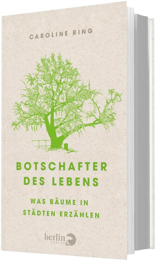 Das Buchcover zeigt eine großformatige, stilisierte Baumillustration in leuchtendem Grün auf einem hellbeigen, leicht strukturierten Papierhintergrund. Oberhalb steht der Autorenname Caroline Ring in schmalen Versalien, mittig darunter der Titel „BOTSCHAFTER DES LEBENS“ in kräftiger, großformatiger grüner Großschrift, darunter die kleinere grüne Unterzeile „WAS BÄUME IN STÄDTEN ERZÄHLEN“. Die Gestaltung wirkt ruhig, naturverbunden und informativ.