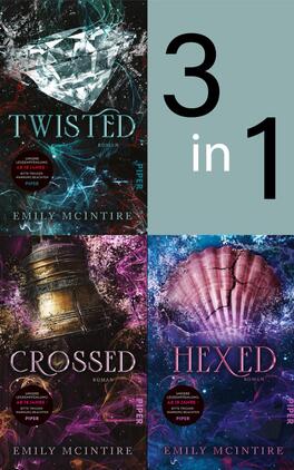 Das Buchcover zeigt eine Collage aus drei Buchumschlägen. Oben ist „TWISTED“ mit einem glänzenden Diamanten auf dunklem Hintergrund in Blau- und Grautönen und eleganter, blauer Schrift. Darunter ist „CROSSED“, das eine stilisierte, antike Kiste in warmen Rottönen zeigt, mit goldener Schrift. Unten rechts befindet sich „HEXED“, das eine farbenfrohe Muschel mit surrealen, leuchtenden Elementen darstellt. In der oberen Ecke ist ein großer grauer Bereich mit der Aufschrift „3 in 1“ in markantem Schwarz.