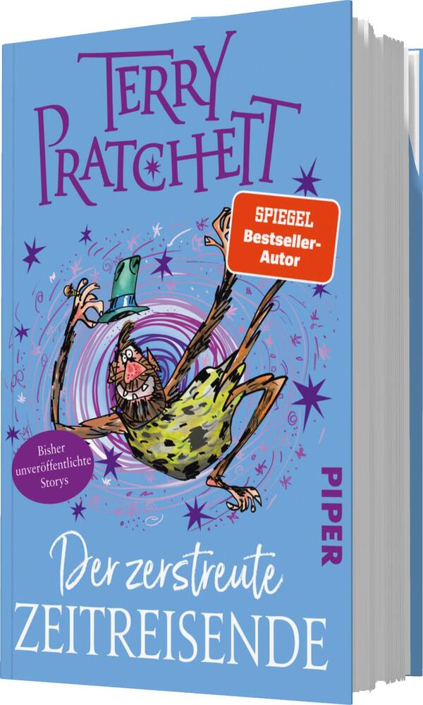 Das Buchcover zeigt eine humorvolle Illustration eines verrückten, grün gefleckten Charakters in einem gestreiften Anzug und einem Zylinder. Der Hintergrund ist in sanften Blau- und Lilatönen gehalten und vermittelt eine fantasievolle Atmosphäre. Der Titel „Der zerstreute Zeitreisende“ ist in lockerer, handschriftlicher Schriftart in Weiß und Türkis gestaltet. Oben ist der Name des Autors „Terry Pratchett“ in großen, auffälligen, lila Buchstaben platziert. Ein rotes Banner hebt den Hinweis auf „SPIEGEL Bestseller-Autor“ hervor.
