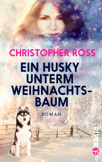 Das Buchcover zeigt eine winterliche Szene mit sanften Schneeflocken, die durch die Luft wirbeln. Im Vordergrund ist ein Husky abgebildet, der aufmerksam blickt. Im Hintergrund ist das Gesicht einer jungen Frau sichtbar, umgeben von mysteriösem Licht. Der Titel „Ein Husky unterm Weihnachtsbaum“ ist in großen, dunklen Buchstaben zentriert, während der Autorennamen „Christopher Ross“ in leuchtendem Pink prominent über dem Titel platziert ist. Die Farbpalette vermittelt eine warme, einladende Weihnachtsatmosphäre.