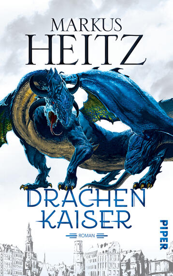 Das Buchcover zeigt einen imposanten blauen Drachen mit tiefgründigen Schattierungen und detaillierten Texturen. Der Drache thront kraftvoll im Vordergrund und vermittelt eine majestätische Präsenz. Im oberen Bereich steht der Name des Autors „MARKUS HEITZ“ in kräftiger, schwarzer Schrift. Der Titel „DRACHENKAISER“ ist in stilvoller, weißer Typografie im unteren Drittel platziert. Der Hintergrund ist in sanften Grautönen gehalten, die eine mystische Atmosphäre erzeugen. Das Wort „Roman“ ist dezent im unteren Bereich integriert.