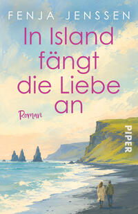 Das Buchcover zeigt eine pastellfarbene Landschaftsmalerei einer isländischen Küste bei ruhigem Meer, hellem Himmel mit Wolken und weit entfernten Felsnadeln im Wasser. Vorne rechts ein grüner, steiler Klippenhang, am Strand zwei als Figuren erkennbare Personen, Hand in Hand gehend. Titel „In Island fängt die Liebe an“ in großen rosa Schriftzügen, oben Autor „Fenja Jenssen“, unten links Zusatz „Roman“.