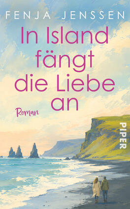 Das Buchcover zeigt eine pastellfarbene Landschaftsmalerei einer isländischen Küste bei ruhigem Meer, hellem Himmel mit Wolken und weit entfernten Felsnadeln im Wasser. Vorne rechts ein grüner, steiler Klippenhang, am Strand zwei als Figuren erkennbare Personen, Hand in Hand gehend. Titel „In Island fängt die Liebe an“ in großen rosa Schriftzügen, oben Autor „Fenja Jenssen“, unten links Zusatz „Roman“.