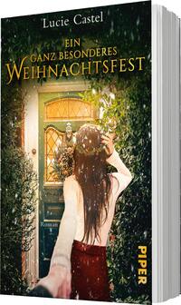 Das Buchcover zeigt eine winterliche Szenerie, in der eine Person mit langem, braunem Haar vor einer grünen Tür steht, die mit einer Weihnachtskranz geschmückt ist. Sanfte Schneeflocken fallen vom Himmel. Der Titel „Ein ganz besonderes Weihnachtsfest“ ist in goldener, geschwungener Schrift mittig platziert. Darunter steht klein „Roman“. Der Urhebername „Lucie Castel“ befindet sich oben auf dem Cover. Die gesamte Atmosphäre vermittelt eine festliche, einladende Stimmung.