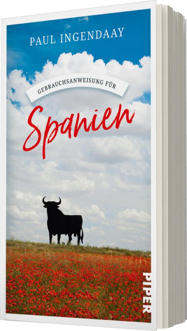 Das Buchcover zeigt einen stimmungsvollen Himmel in sanften Blau- und Grautönen, durchzogen von weißen Wolken. Im Vordergrund steht ein schwarzer Stier vor einem blühenden Feld mit roten Blumen, was eine lebendige Atmosphäre erzeugt. Der Titel „Gebrauchsanweisung für Spanien“ ist in einer dynamischen, roten Schriftart oben mittig platziert, während der Name des Autors, Paul Ingendaay, in klarer, weißer Schrift am oberen Rand erscheint.