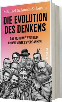Das Buchcover zeigt eine Gruppe historischer Denker in einer bunten Anordnung, die eine Mischung aus verschiedenen Gesichtsausdrücken präsentieren. Der Hintergrund ist in sanften Farbverläufen von orange zu lila gehalten. Oben steht in großen, schwarzen Buchstaben der Titel „DIE EVOLUTION DES DENKENS“. Darunter befindet sich der Untertitel „DAS MODERNE WELTBILD – UND WEM WIR ES VERDANKEN“. Der Autor Michael Schmidt-Salomon ist ebenfalls oben auf dem Cover in kleineren Buchstaben abgedruckt.