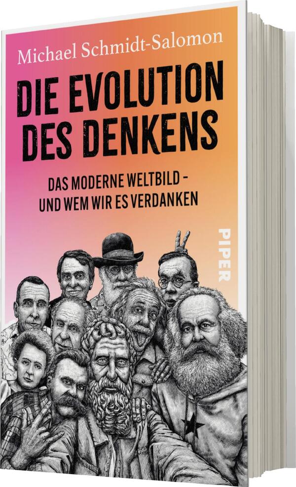 Das Buchcover zeigt eine Gruppe historischer Denker in einer bunten Anordnung, die eine Mischung aus verschiedenen Gesichtsausdrücken präsentieren. Der Hintergrund ist in sanften Farbverläufen von orange zu lila gehalten. Oben steht in großen, schwarzen Buchstaben der Titel „DIE EVOLUTION DES DENKENS“. Darunter befindet sich der Untertitel „DAS MODERNE WELTBILD – UND WEM WIR ES VERDANKEN“. Der Autor Michael Schmidt-Salomon ist ebenfalls oben auf dem Cover in kleineren Buchstaben abgedruckt.