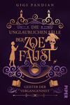 Das Buchcover zeigt einen tiefvioletten Hintergrund, auf dem in goldener Schrift der Titel „Die unglaublichen Fälle der Zoe Faust“ hervorsticht. Oberhalb des Titels sind Kerzen und verschnörkelte Elemente platziert. Eine stilisierte Silhouette von Zoe Faust in rotem Kleid hält einen Zauberstab, während ein Drache neben ihr auf einem Tisch sitzt. Unten sind magische Elemente wie ein Zaubertrank und Bücher angedeutet. Der Name der Autorin, Gigi Pandian, steht oben in kleinerer Schrift.