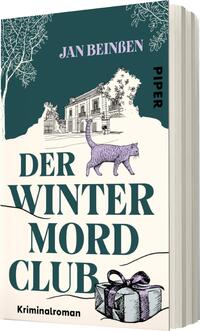 Das Buchcover zeigt eine winterliche Szene mit einem stilisierten, historischen Gebäude im Hintergrund, umgeben von schneebedeckten Bäumen. In der Mitte bewegt sich eine lilafarbene Katze, die den Blick auf die Titelzeile lenkt. Der Titel „DER WINTERMORD CLUB“ ist in großen, eleganten Buchstaben in tiefem Grün gehalten. Unter dem Titel steht der Hinweis „Kriminalroman“. Der Autor Jan Beinßen ist in einer schlichten Schriftart darüber platziert. Unter dem Cover ist ein Geschenk mit einer Schleife abgebildet, das die festliche Atmosphäre unterstreicht.