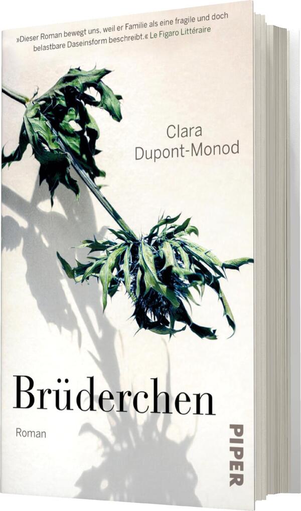 Das Buchcover zeigt eine stilisierte Darstellung einer Pflanze mit zerzausten Blättern, die an einen Schlingpflanzenstängel erinnert. Über dem Bild steht der Name der Autorin, Clara Dupont-Monod, in einer klaren, sachlichen Schrift. Darunter befindet sich der Titel „Brüderchen“ in größerer Schrift, ebenfalls in einer schlichten Typografie, die den emotionalen und ernsthaften Charakter des Romans unterstreicht. Die Farbpalette besteht aus sanften, überwiegend grünen und braunen Tönen auf einem hellen Hintergrund, was eine melancholische Atmosphäre vermittelt. Am unteren Rand ist das Verlagslogo „Piper“ in kleiner Schrift zu sehen.