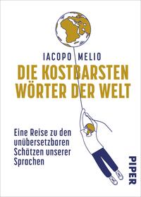 Das Buchcover zeigt einen weißen Hintergrund mit einer stilisierten Weltkugel als goldfarbenem Ballon oben, darunter der Name „Iacopo Melio“ in dunkelblauer Großschrift und der Titel „Die kostbarsten Wörter der Welt“ in großen goldenen Großbuchstaben. Links unten steht in kleinerer dunkelblauer Schrift der Untertitel. Eine dunkelblaue Strichzeichnung einer Person hält am Ballonseil, wirkt leicht verspielt und optimistisch.