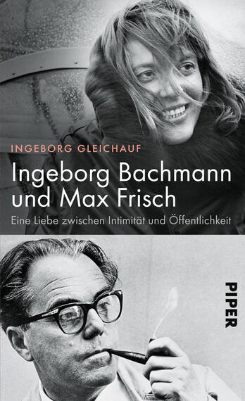 Das Buchcover zeigt eine schwarz-weiße Fotografie von Ingeborg Bachmann und Max Frisch, die sich in einem intimen Moment gegenüberstehen. Bachmann lächelt, während Frisch mit einer Zigarette in der Hand nachdenklich wirkt. Der Titel „Ingeborg Bachmann und Max Frisch“ steht in klaren, modernen Schriftarten, mit dem Untertitel „Eine Liebe zwischen Intimität und Öffentlichkeit“ darunter. Der Verlag ist in kleinerer Schrift in der rechten unteren Ecke platziert. Die starke Kontrastsymbolik vermittelt eine tiefgehende emotionale Verbindung.