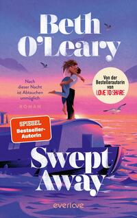 Das Buchcover zeigt eine junge Frau, die auf einem hölzernen Boot steht und mit ausgebreiteten Armen in den Sonnenuntergang springt. Die Farben sind überwiegend in sanften Blau- und Lilatönen gehalten, mit einem warmen orangefarbenen Verlauf am Horizont. Der Titel „Swept Away“ ist in großen, fetten Buchstaben in Weiß und Dunkelblau gestaltet. Darunter steht in kleineren Buchstaben „Nach dieser Nacht ist Abtauchen unmöglich“ und „ROMAN“. Der Schriftzug vermittelt ein Gefühl von Abenteuer und Freiheit.