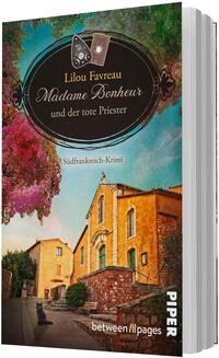 Das Buchcover zeigt eine sonnenwarme Gassenansicht eines südfranzösischen Dorfes mit gelb-ockerfarbenem Haus, terrakottafarbener Mauer, helltürkisblauem Himmel und üppiger pinker Bougainvillea links. Vorne sitzt eine schwarze Katze. Oben zentriert ein schwarzer, barocker Ovalrahmen mit goldener Randornamentik; darin stehen die Autorin „Lilou Favreau“ in Serifenschrift und der Titel „Madame Bonheur und der tote Priester“ in eleganter Kursivschrift. Stimmung: freundlich, leicht geheimnisvoll.