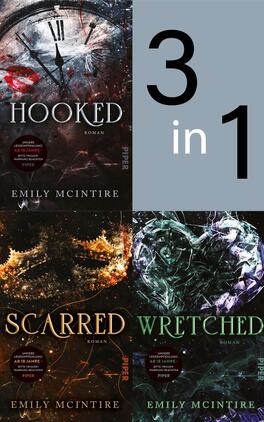 Das Buchcover zeigt eine Collage aus drei Buchcovern der Romane „Hooked“, „Scarred“ und „Wretched“ von Emily McIntire. „Hooked“ ist in tiefen Rot- und Schwarztönen gehalten, mit einer Uhr und blutigen Akzenten. „Scarred“ strahlt in leuchtenden Gelbtönen mit dynamischen, abstrakten Formen. „Wretched“ zeigt eine grüne, herzförmige Figur auf dunklem Hintergrund. In der oberen Ecke befindet sich die große Zahl „3 in 1“ in einem modernen, weißen Schriftstil.