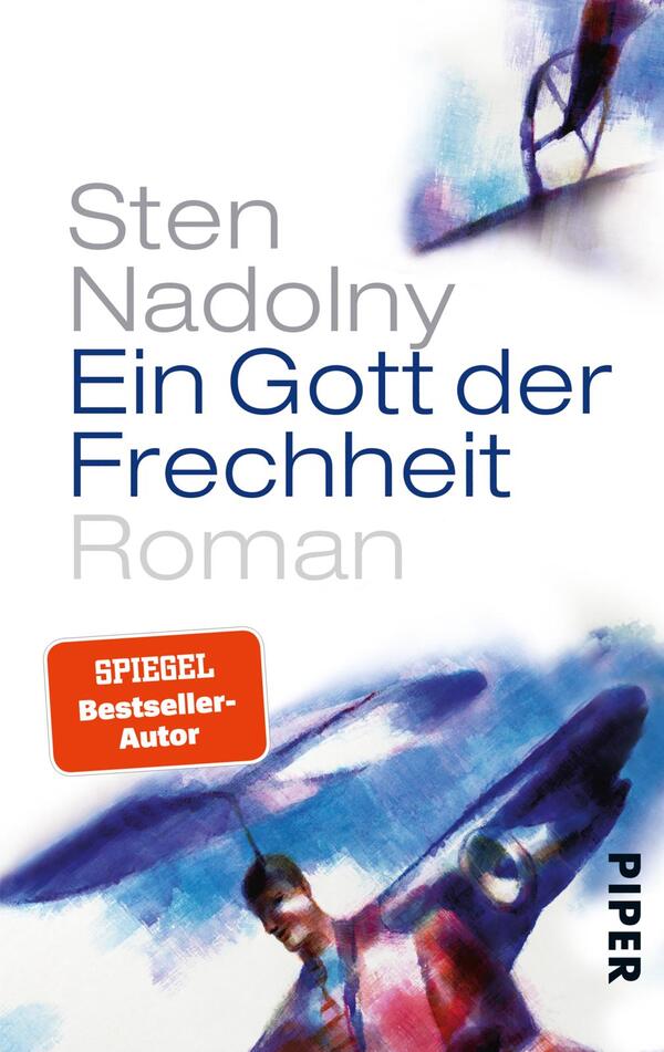 Das Buchcover zeigt eine abstrakte, farbenfrohe Darstellung mit dominierenden Blau- und Lilatönen. Im oberen Bereich steht der Name des Autors, „Sten Nadolny“, in klaren, modernen Schriftzügen. Darunter steht der Titel „Ein Gott der Frechheit“ in einer größeren, auffälligen Schrift. Am unteren Rand ist das Wort „Roman“ in kleinerer Schriftgröße platziert. Die Komposition vermittelt eine dynamische und leicht provokante Atmosphäre.