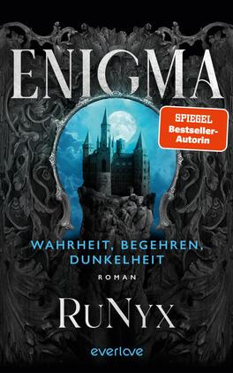 Enigma – Wahrheit, Begehren, Dunkelheit Das Buchcover zeigt einen dunklen, mystischen Hintergrund mit einem Hauch von Sternen. Der Titel „ENIGMA“ ist in großen, silbernen Buchstaben prominent platziert, während der Name „RuNyx“ darüber in einer kleineren, eleganten Schrift erscheint. Unter dem Titel stehen die Worte „Wahrheit. Begehren. Dunkelheit“ in schmaler Schrift. Ein blauer, rundlicher Button mit der Aufschrift „VORLÄUFIGES COVER“ hebt sich deutlich ab. Die Gesamtatmosphäre vermittelt ein Gefühl von Geheimnis und Anziehung.