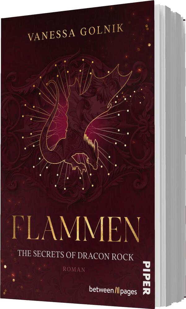 Das Buchcover zeigt einen dunkelroten Hintergrund, der eine geheimnisvolle und mystische Atmosphäre schafft. In der Mitte ist ein stilisierter Drache abgebildet, der in goldenen Linien dargestellt ist, umgeben von kleinen, funkelnden Punkten. Der Titel „FLAMMEN“ ist prominent in großen, goldenen Buchstaben platziert, während der Untertitel „THE SECRETS OF DRACON ROCK“ in kleineren, weißen Buchstaben darunter steht. Oben erscheint der Name der Autorin, „VANESSA GOLNIK“, ebenfalls in goldener Schrift.