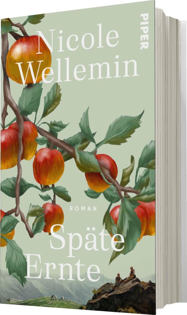 Das Buchcover zeigt einen sanften, mintgrünen Hintergrund, auf dem eine prächtige Äpfel-Rebe mit leuchtend roten Früchten und kräftigen grünen Blättern abgebildet ist. Der Titel „Späte Ernte“ ist in großen weißen Buchstaben zentral platziert, darunter steht das Wort „ROMAN“ in etwas kleinerer Schrift. Oben links ist der Name der Autorin, Nicole Wellemin, ebenfalls in weißer Schrift zu lesen. Die Komposition vermittelt eine ruhige, herbstliche Atmosphäre.