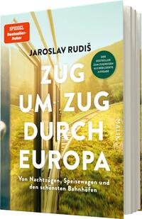 Das Buchcover zeigt eine Zugfahrt durch eine grüne, hügelige Landschaft, im Hintergrund sind verschwommene Bahnhöfe zu erkennen. Der Titel „ZUG UM ZUG DURCH EUROPA“ ist prominent in großen, weißen Buchstaben platziert, während der Autor „Jaroslav Rudiš“ darüber in kleinerer Schrift steht. Im oberen linken Bereich befindet sich ein rotes Label mit der Aufschrift „SPIEGEL Bestseller-Autor“. Darunter ist ein grünes Siegel mit dem Text „DER BESTSELLER ZUM Zugreisen ALS BEILIEGTE AUSGABE“. Die insgesamt helle Farbpalette strahlt eine einladende Atmosphäre aus.