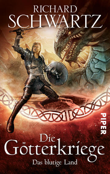 Das Buchcover zeigt einen Krieger in glänzender Rüstung mit einem Schild und einer Waffe, der sich mutig einer drohenden Drachenfigur entgegenstellt. Der Hintergrund ist in warmen, intensiven Rottönen gehalten, die eine dramatische Atmosphäre schaffen. Der Titel „Die Götterkriege – Das blutige Land“ ist in eleganter, weißer Schrift am unteren Rand platziert, während der Autor „Richard Schwartz“ in großen, auffälligen Buchstaben oben zu lesen ist. Das Design vermittelt Spannung und Abenteuer.
