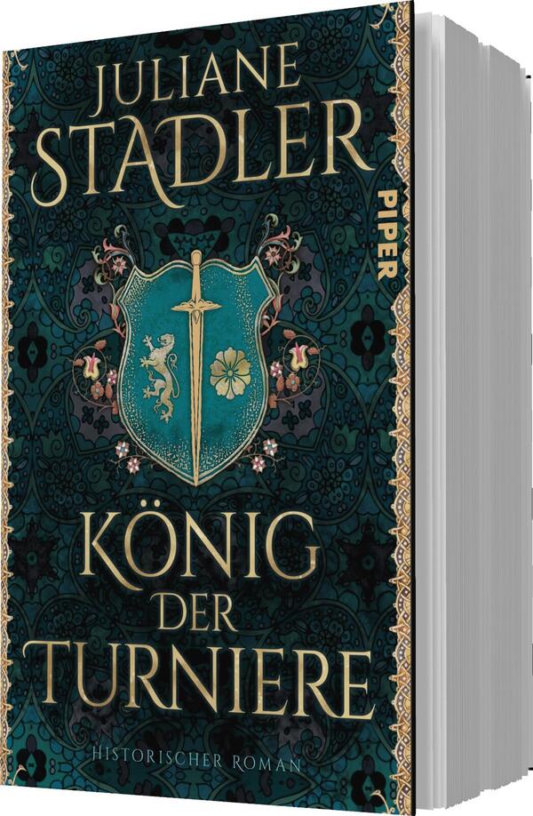 Das Buchcover zeigt eine elegante, smaragdgrüne Hintergrundfarbe mit filigranen, goldenen Verzierungen. Im Mittelpunkt befindet sich ein Wappen mit einem Schwert und floralen Motiven, flankiert von stilisierten Löwen. Der Titel „König der Turniere“ ist in großen, goldenen Buchstaben platziert, während der Autorennamen „Juliane Stadler“ in einer etwas kleineren Schrift oben erscheint. Der Zusatz „Historischer Roman“ ist ebenfalls in goldener Schrift angegeben. Die gesamte Gestaltung vermittelt eine atmosphärische, mittelalterliche Stimmung.