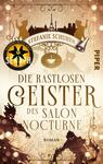 Das Buchcover zeigt eine elegante, goldene Farbpalette mit einem nostalgischen Paris-Hintergrund, in dem der Eiffelturm sichtbar ist. Im oberen Drittel ist der Titel „DIE RASTLOSEN GEISTER DES SALON NOCTURNE“ in großen, auffälligen Buchstaben platziert. Darunter steht der Autorinnenname „STEFANIE SCHUHEN“. Eine stilisierte Kerze und ornamentale Verzierungen geben dem Cover eine mystische Atmosphäre. In der oberen linken Ecke befindet sich ein Auszeichnungssiegel mit dem Text „SEPH 2024“. Der Verlag ist in der unteren rechten Ecke mit „PIPER“ benannt.