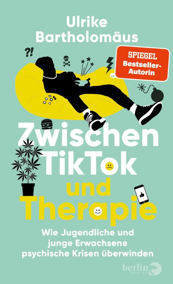 Das Buchcover zeigt eine illustrierte, farbenfrohe Szene mit einer liegenden Person in entspannter Haltung, umgeben von Pflanzen und symbolischen Elementen wie einem Smartphone und nachdenklichen Zeichen. Die Hauptüberschrift „Zwischen TikTok und Therapie“ ist in großen, hellgelben Buchstaben hervorgehoben, während der Untertitel in Weiß steht. Der Name der Autorin „Ulrike Bartholomäus“ und der Hinweis „SPIEGEL-Bestseller-Autorin“ sind oben auf dem Cover platziert. Der Hintergrund ist in einem sanften Mintgrün gehalten, was eine freundliche Atmosphäre vermittelt.