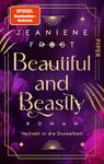 Das Buchcover zeigt einen dunkelvioletten Hintergrund mit helleren violett-rosa Rosen, ein feines goldnes Rahmenornament und goldene Sterne. Der Titel „Beautiful and Beastly“ dominiert in großer eleganter Serifenschrift, darunter klein „ROMAN“ und der Untertitel „Verliebt in die Dunkelheit“. Die Autorin „Jeaniene Frost“ steht oben in weißer Großschrift. Ein rotes Badge mit „SPIEGEL Bestseller-Autorin“ und ein goldener Kreis-Button mit „Vorläufiges Cover“.