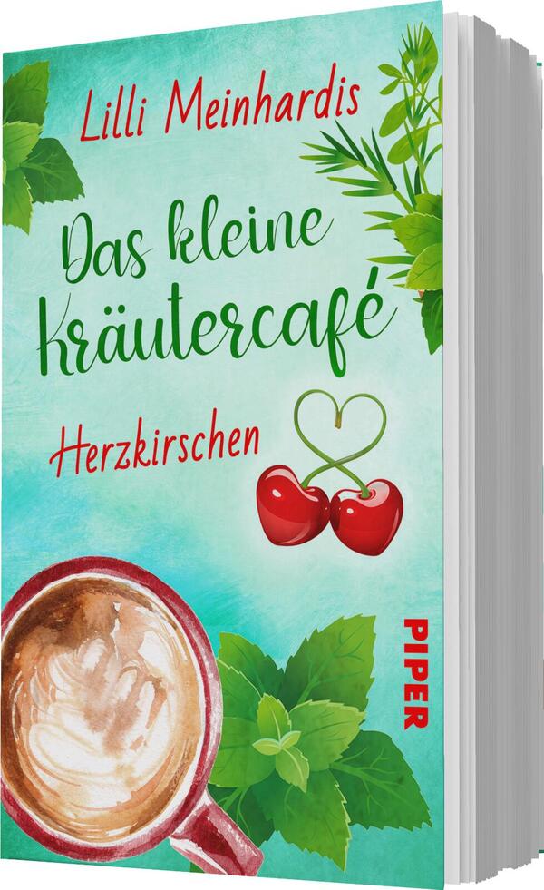 Das Buchcover zeigt einen hellen, mintgrünen Hintergrund, der mit stilisierten Blättern und Kräutern verziert ist. Oben steht in geschwungener, roter Schrift der Titel „Das kleine kräutercafé“ und darunter in etwas kleinerer Schrift das Wort „Herzkirschen“. In der unteren linken Ecke ist eine Tasse mit cremigem Kaffee und Milchschaum abgebildet. Das Design strahlt eine gemütliche, einladende Atmosphäre aus. Der Name der Autorin, Lilli Meinhardis, steht prominent oben. Am rechten Rand ist das Verlagslogo „PIPER“ in roter Schrift zu sehen.