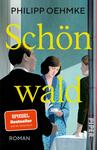 Das Buchcover zeigt eine stilisierte Illustration mit zwei Personen in einem Gesicht-zu-Gesicht-Gespräch vor einer dezenten blauen Wand. Eine Frau trägt ein blaues Kleid, während der Mann in heller Kleidung abgebildet ist. Über der Illustration steht der Titel „Schönwald“ in großen, gelben Buchstaben. Der Autor „Philipp Oehmke“ steht in kleinerer Schrift darüber. Unten links befindet sich ein rotes Banner mit dem Text „SPIEGEL Bestseller – jetzt als Taschenbuch“ und dem Hinweis „Roman“ in kleiner Schrift. Die Farbpalette vermittelt eine ruhige, zeitgenössische Atmosphäre.
