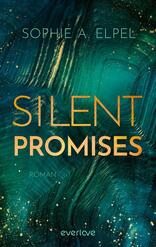 Das Buchcover zeigt eine dynamische, grüne Hintergrundgestaltung mit sanften Wellen- und Farbschattierungen, die mit goldenen Akzenten durchzogen sind. Im Vordergrund steht der Titel „SILENT PROMISES“ in großen, goldenen Buchstaben, die sich stark vom Hintergrund abheben. Darunter befindet sich in kleinerer Schrift das Wort „Roman“. Am oberen Rand ist der Name der Autorin, Sophie A. Elpel, in eleganter, heller Schrift platziert. Die Gesamtatmosphäre vermittelt eine geheimnisvolle und atmosphärische Stimmung.
